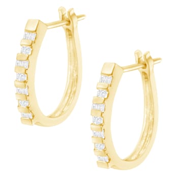 10K Yellow Gold 1/4ctw Round and Baguette Cut Diamond Oblong Hinged
Leverback Hoop Earrings