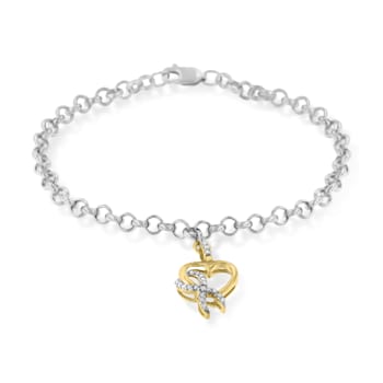 10K Yellow Gold 1/10ctw Diamond Awareness Ribbon & Heart Charm .925
Sterling Silver Rolo Bracelet