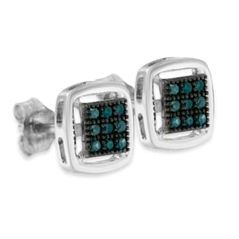Sterling Silver Rose Cut Treated Blue Diamond Square Stud Earring .25ctw