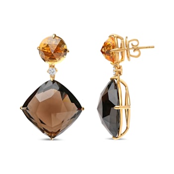 18K Yellow Gold Round Citrine and Cushion Cut Smoky Quartz Gemstone with
Diamond Accent Earrings