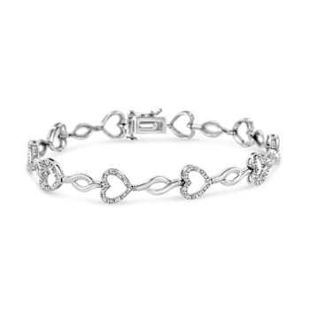Sterling Silver .25ctw Round-Cut Diamond Alternating Heart and Leaf Link Bracelet
