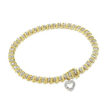 Yellow Gold-Plated Sterling Silver 2ct TDW Diamond Heart Charm Bracelet
(I-J, I3-Promo) - 7"