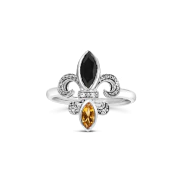 Sterling Silver Black Onyx and Yellow Citrine Marquise and Diamond
Accent Fleur De Lis Ring