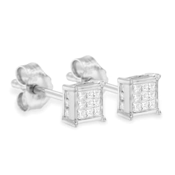 Sterling Silver Princess Cut Diamond Square Stud Earrings .30ctw