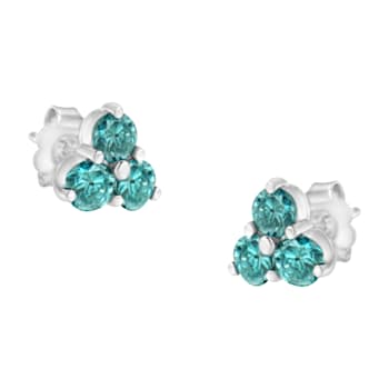 14K White Gold Treated Blue Diamond Trio Stud Earrings 1 1/3ctw