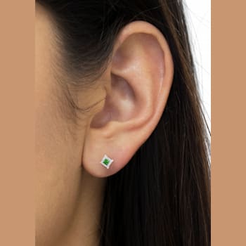 Sterling Silver Color Treated Princess Green Diamond Quad Stud Earring 1/2ctw