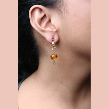 18K Yellow Gold Citrine Ball Gemstone with White and Brown Diamond
Accent Dangle Earrings