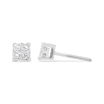 Sterling Silver 5/8ctw Princess Cut Diamond Invisible Set Quad Composite
Stud Earrings