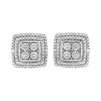 Diamond Accented Square-Shaped Sterling Silver Milgrain Stud Earrings
