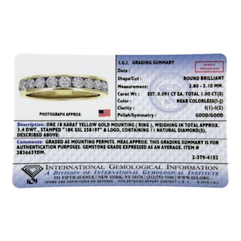 18K Yellow Gold IGI Certified 1.0ctw Diamond Half-Eternity Band(E-F
Color, I1-I2 Clarity)