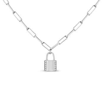 Sterling Silver 1/10ctw Round Diamond Lock Pendant 16" Paperclip
Chain (H-I Color, SI1-SI2 Clarity)