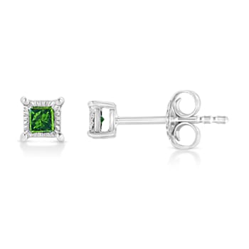Sterling Silver 1/10ctw Miracle Set Princess-Cut Treated Green Diamond
Stud Earrings