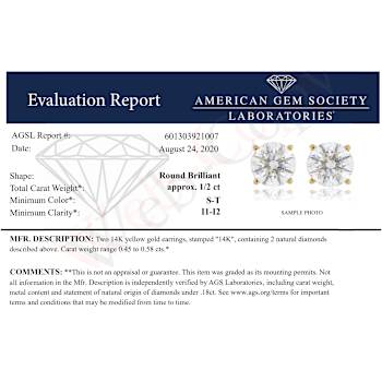 AGS Certified 14K Yellow Gold 1/2 cttw Round-Cut Solitaire Diamond Push
Back Stud Earrings