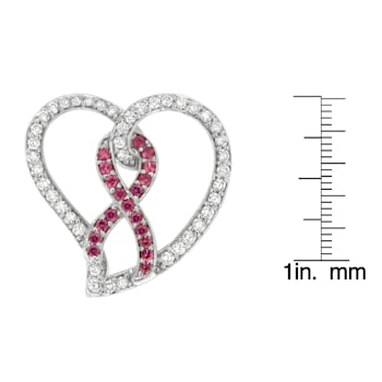 14K White Gold Diamond and Lab Created Pink Sapphire Awareness Ribbon
& Open Heart Pendant w\chain