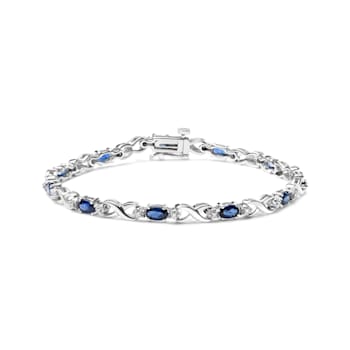 10K White Gold Oval Sapphire Gemstone and 1/10ctw Diamond Prong Set
"X" Link Bracelet - Size 7"