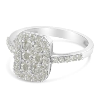 Sterling Silver 1.0ctw Diamond Emerald-Shaped Cluster with Halo Ring
(I-J Color, I3 Clarity)