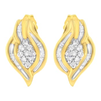 10K Yellow Gold 1/3ctw Round-Cut Diamond Cluster and Swirl Stud Earrings