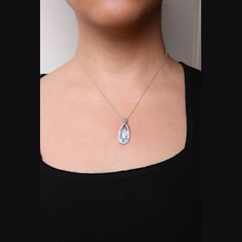 18K White Gold Pear Blue Topaz and Blue Sapphire and Diamond Drop
Pendant with Flower Design