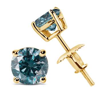 14K Yellow Gold 2.0ctw Round Lab Grown Blue Diamond Classic 4-Prong Stud
Earrings with Screw Backs