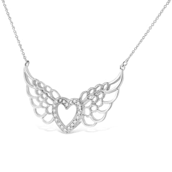 .925 Sterling Silver Pave-Set Diamond Accent Fairy Wing 18" Heart
Pendant Necklace