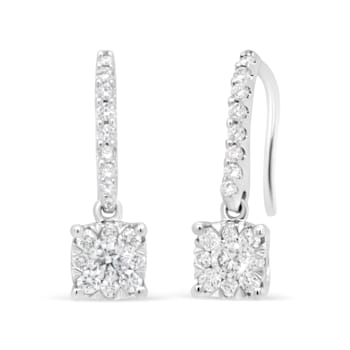 14K White 1/2ctw Round Diamond Halo Dangle Hook Earring