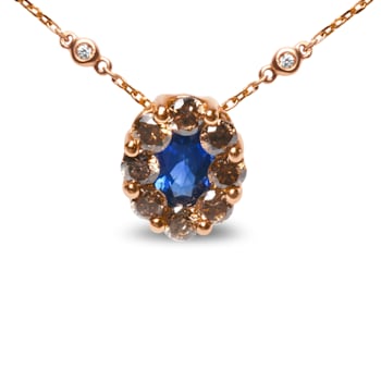 18K Rose Gold Oval Blue Sapphire and Brown Diamonds with White Diamond
Accent Halo Cluster Necklace
