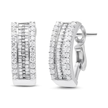 14K White Gold 1 1/2ctw Round and Baguette Cut Diamond Earrings