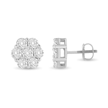14K White Gold 3.0ctw Prong Set Round-Cut Diamond Floral Cluster Stud Earring