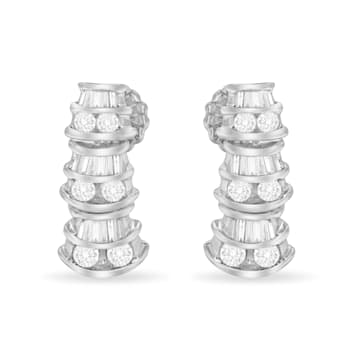 14K White Gold 7/8ctw Round and Baguette-cut Diamond Earrings