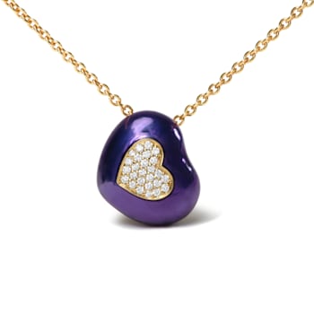 18K Yellow Gold Blue Enamel and Pave Round Diamonds Heart Design Pendant Necklace