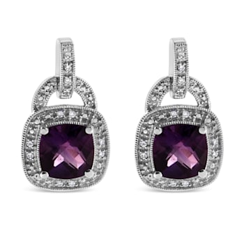 Sterling Silver 8MM Cushion Shaped Amethyst and Diamond Accent Halo with
Push Back Dangle Earrings