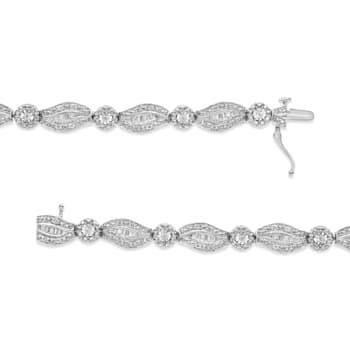 Sterling Silver 1.0ctw Diamond Double Leaf and Bezel Link Bracelet