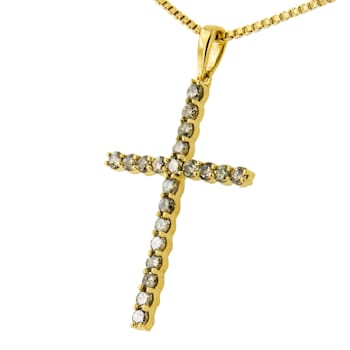 14K Yellow Gold Over Sterling Silver 1/2ctw Champagne Diamond Cross
Pendant w\chain 18"