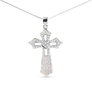 Sterling Silver 1.00 Cttw Diamond Fleur De Lis Cross 18" Pendant Necklace