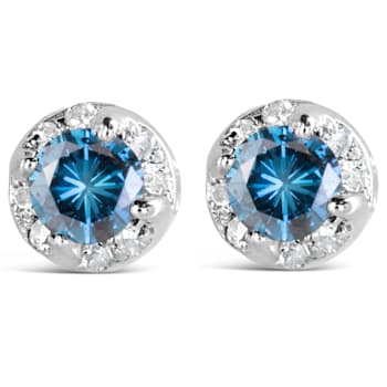 1.00ctw Treated Blue and White Diamond 14K White Gold Hidden Halo Stud Earrings
