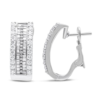 14K White Gold 1 1/2ctw Round and Baguette Cut Diamond Earrings