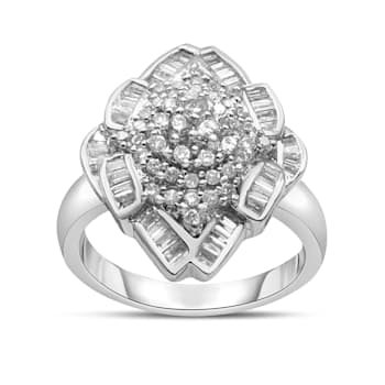 14K White Gold 7/8ctw Round and Baguette Diamond Cluster Ring (H-I
Color, SI2-I1 Clarity) - Size 7