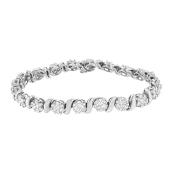 14K White Gold 5.25ctw Diamond S-Link Floral Cluster Tennis Bracelet