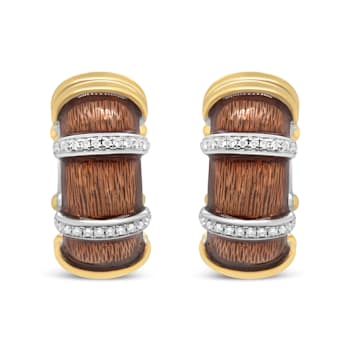 18K Two-tone Gold Over Sterling Brown Enamel 9/10ctw Diamond Huggies
