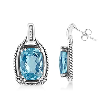 Sterling Silver 14x10MM Cushion Cut Blue Topaz Gemstone and Diamond
Accent Dangle Earrings