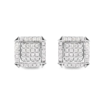 10K White Gold 1 1/10 Cttw Princess Diamond Composite and Halo Stud Earrings