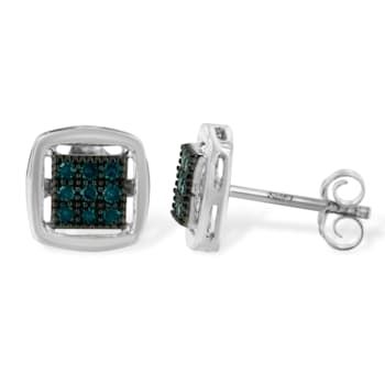 Sterling Silver Rose Cut Treated Blue Diamond Square Stud Earring .25ctw