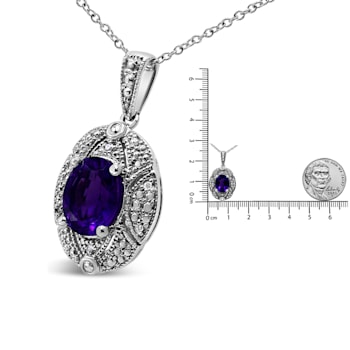 Sterling Silver Diamond Accent and 9x7mm Oval Amethyst Pendant w\chain 18"