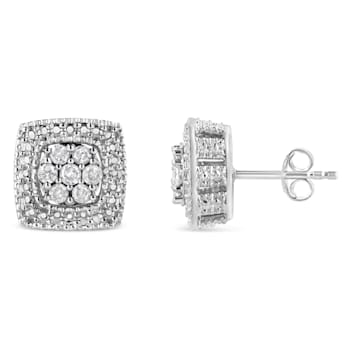 Sterling Silver 1/2ctw Diamond Miligrain Square Shape Stud Earrings
