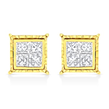 14K Yellow Gold 1.0ctw Invisible Set Princess-Cut Diamond Composite 8
Stone Stud Earrings