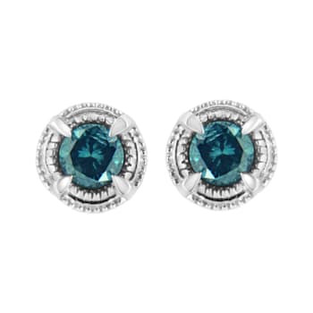 1.50ctw Treated Blue Diamond Solitaire Sterling Silver Stud Earrings