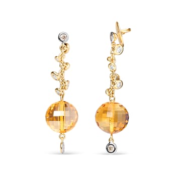 18K Yellow Gold Citrine Ball Gemstone with White and Brown Diamond
Accent Dangle Earrings