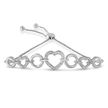 Sterling Silver .10ctw Round-Cut Diamond Heart-Link Adjustable Bolo Bracelet