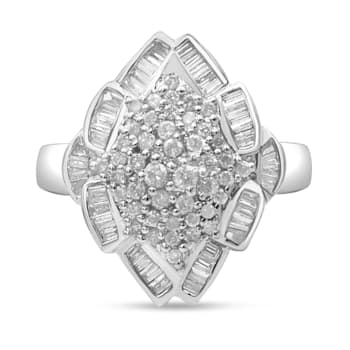 14K White Gold 7/8ctw Round and Baguette Diamond Cluster Ring (H-I
Color, SI2-I1 Clarity) - Size 7