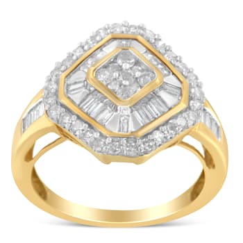 10K Yellow Gold Round and Baguette-Cut Diamond Cocktail Ring (1.0ctw,
I-J Color, I1-I2 Clarity)